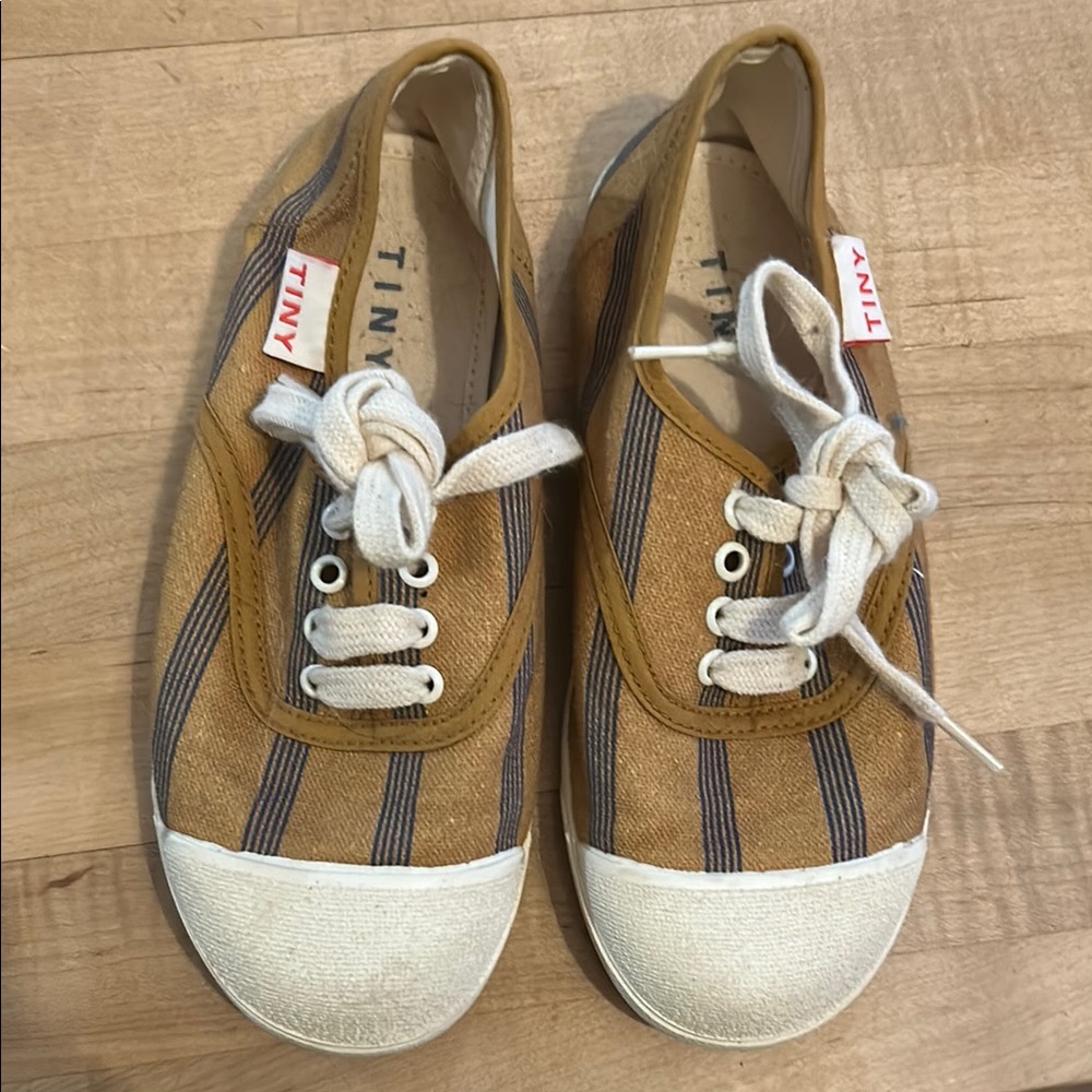 Tan and Blue Striped Canvas Sneakers